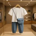 Trendy Kids Denime Set | White Half Sleeve Top With Denim Paints & Mini Bag